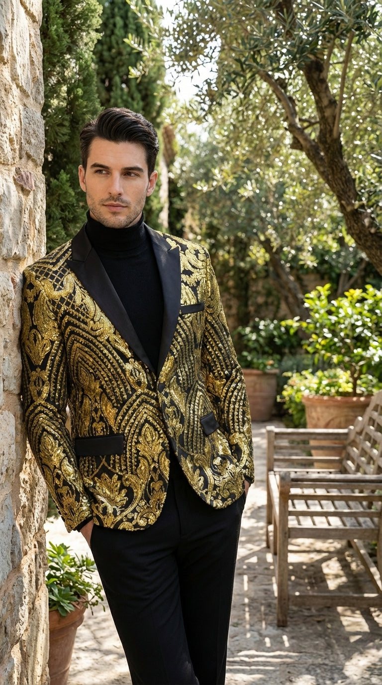 Mens Black and Gold Pattern Blazer – Gold Floral Luxury Formal Blazer Jacket for Prom, Wedding and Party Slim Fitted