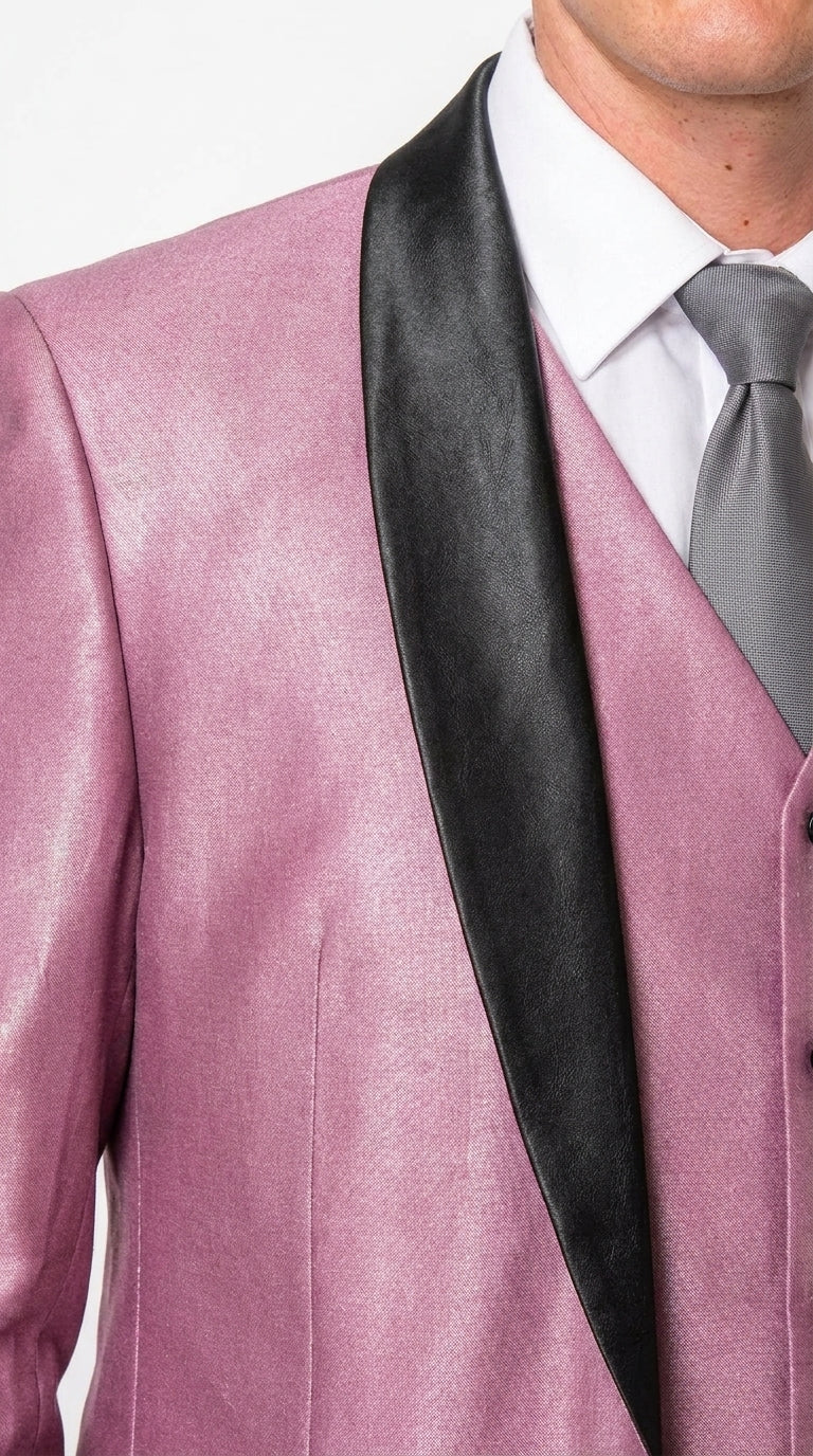 Men’s Shiny Mauve Pink 3 Piece Tuxedo – Wedding & Prom Suit with Black Shawl Lapel