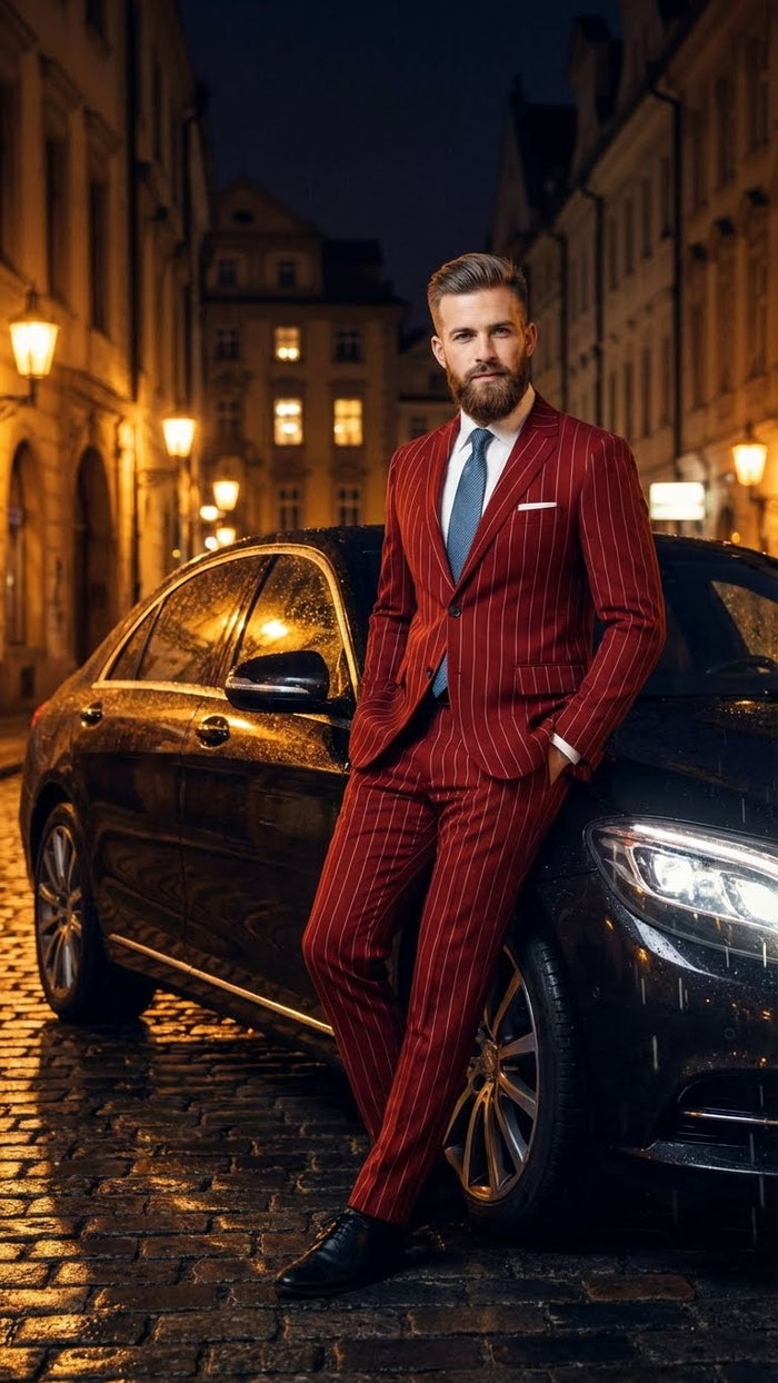 Men’s Red Pinstripe Suit - Stripe Two-Button Vested Suit 2 Buttons by USA Men's Outlet