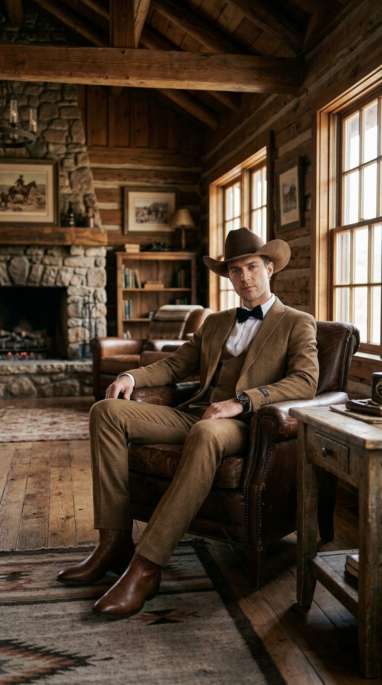 Men’s Light Brown Western 3-Piece Suit – Cowboy Wedding Suit with Vest British Khaki Color