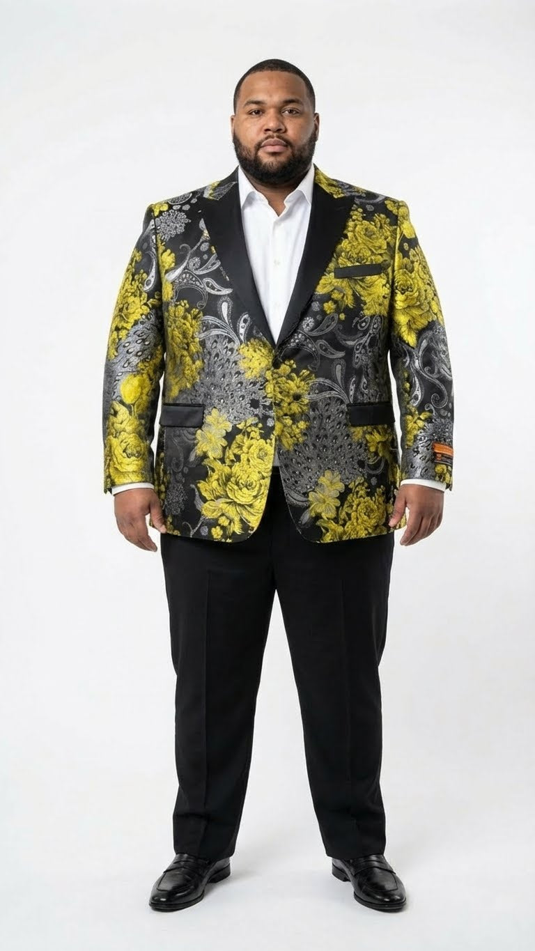 Men’s Yellow Tuxedo Black and Gold Floral Pattern Blazer | Formal Jacket - Prom Dinner Jacket + Black Pants + Bowtie