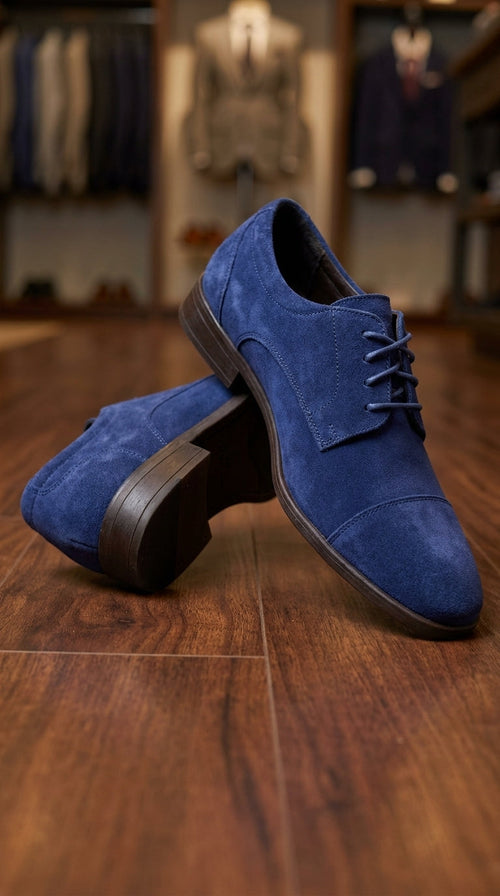Men’s Navy Blue Suede Cap Toe Dress Shoes – Classic Lace Up Formal Wedding and Prom Shoes Velvet Fabric
