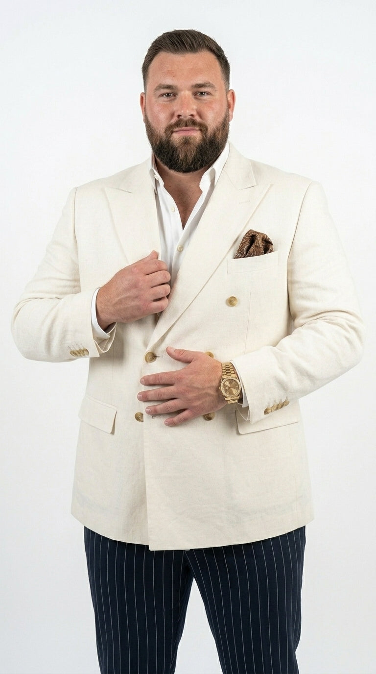 Men's Ivory Linen Double Breasted Blazer, Lightweight Wedding Dinner S