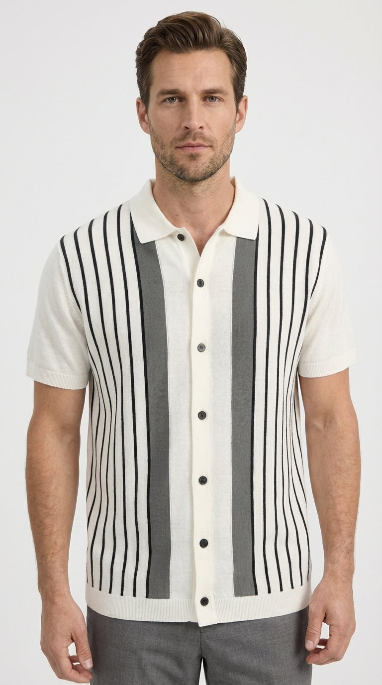 Mens White and Charcoal Gray Stripe Walking Suit Set – Short Sleeve Button Shirt and Pants Casual Summer Outfit for Travel, Vacation and Everyday Wear