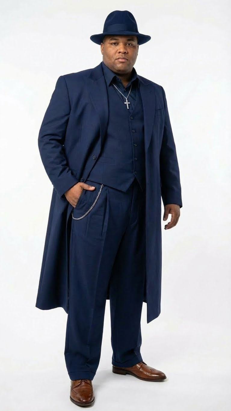 Mens Navy Blue 1920s Zoot Suit – Long Mafia Gangster Three-Piece Vintage Costume Set Suit Pachuco Style