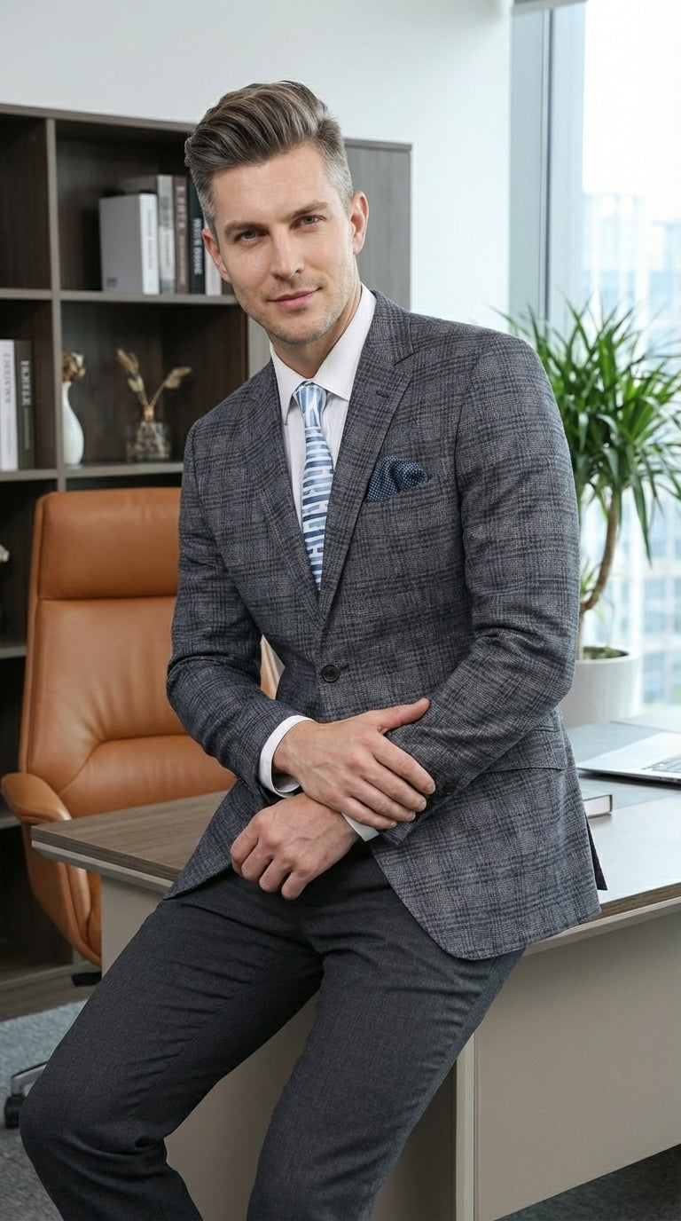 Mens Charcoal Gray with Blue Plaid Pattern Blazer Jacket – Classic Check Pattern Sport Coat for Business, Office, and Smart Casual Wear