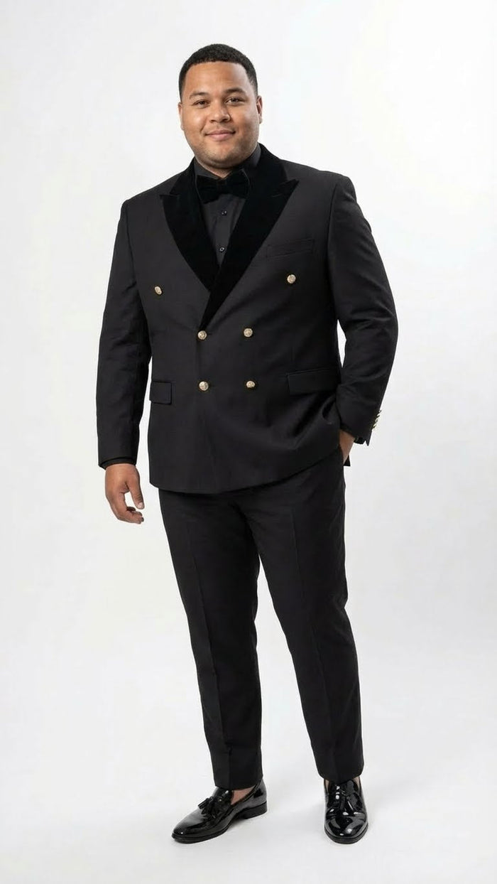 Men’s Black Double Breasted Tuxedo Suit - Luxury Formal Dinner Jacket Gold Buttons Velvet Lapel by USA Men's Outlet