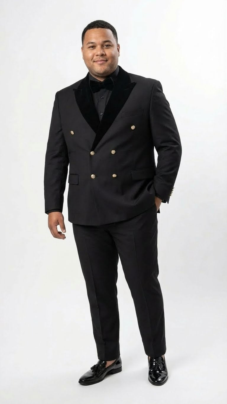Men’s Black Double Breasted Tuxedo Suit - Luxury Formal Dinner Jacket Gold Buttons Velvet Lapel by USA Men's Outlet