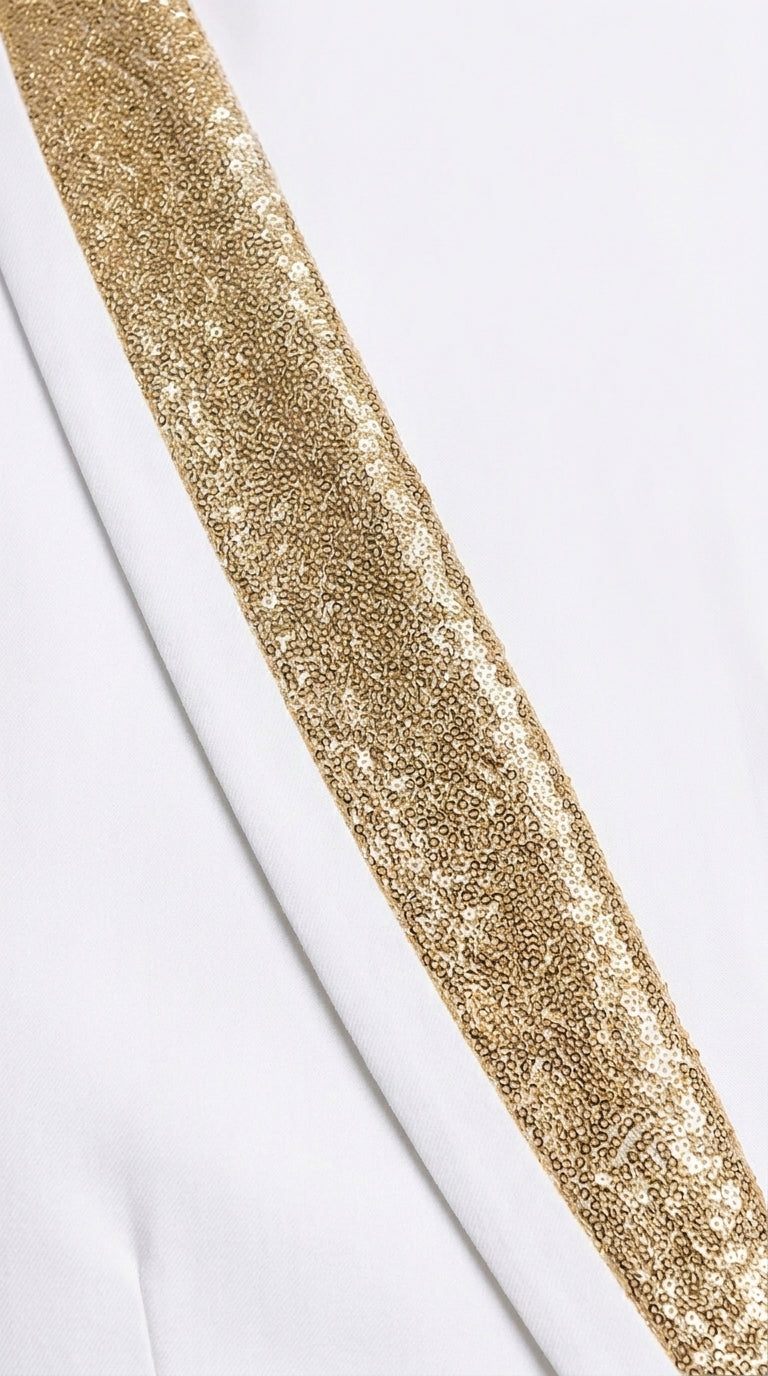 Men’s White and Gold Lapel 2-Piece Tuxedo Suit with Gold Glitter Shawl Lapel – Wedding, Prom and Dinner Jacket