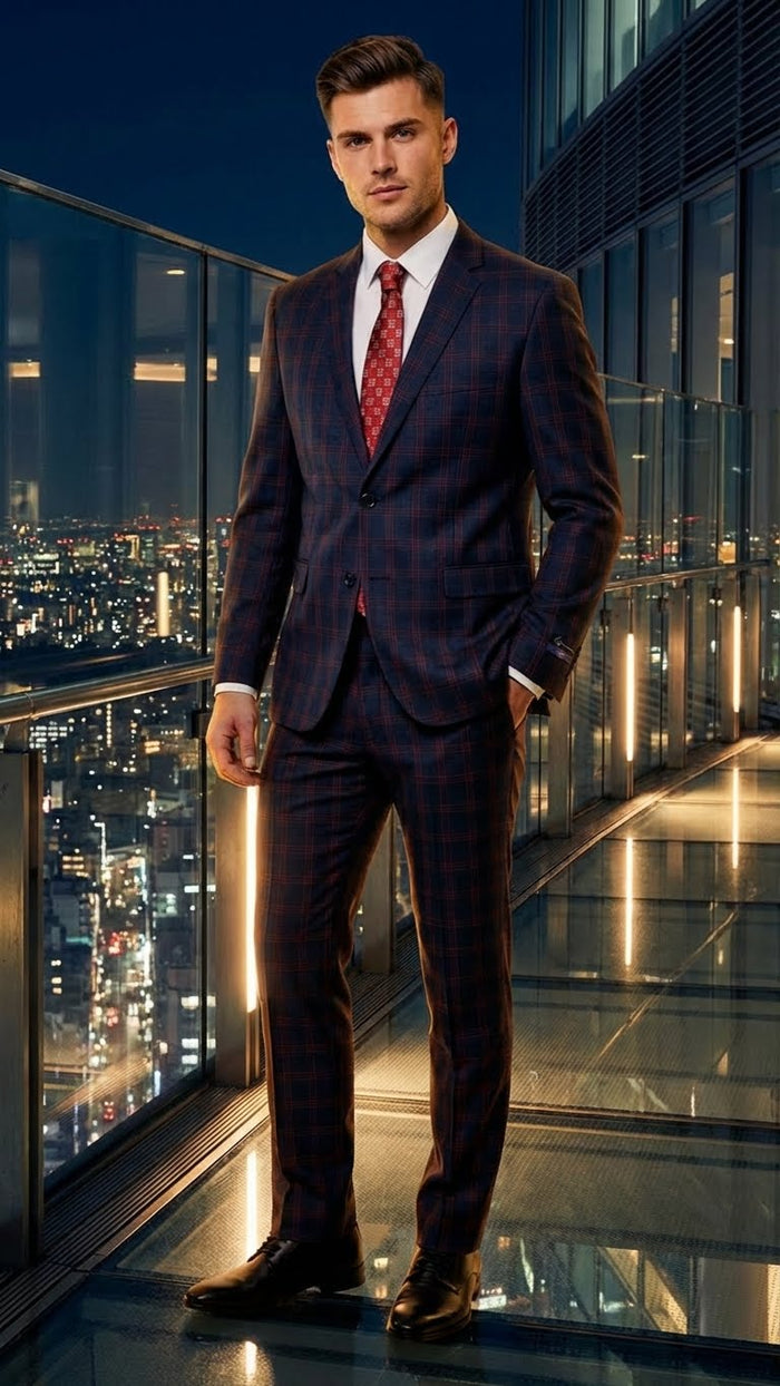 Men’s Navy Blue and Burgundy Checkered Two-Piece Suit Plaid Windowpane - Flat Front Pants or Pleated Wide Leg Pants - 100% Wool USA Men's Outlet