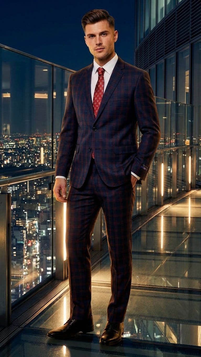 Men’s Navy Blue and Burgundy Checkered Two-Piece Suit Plaid Windowpane - Flat Front Pants or Pleated Wide Leg Pants - 100% Wool USA Men's Outlet