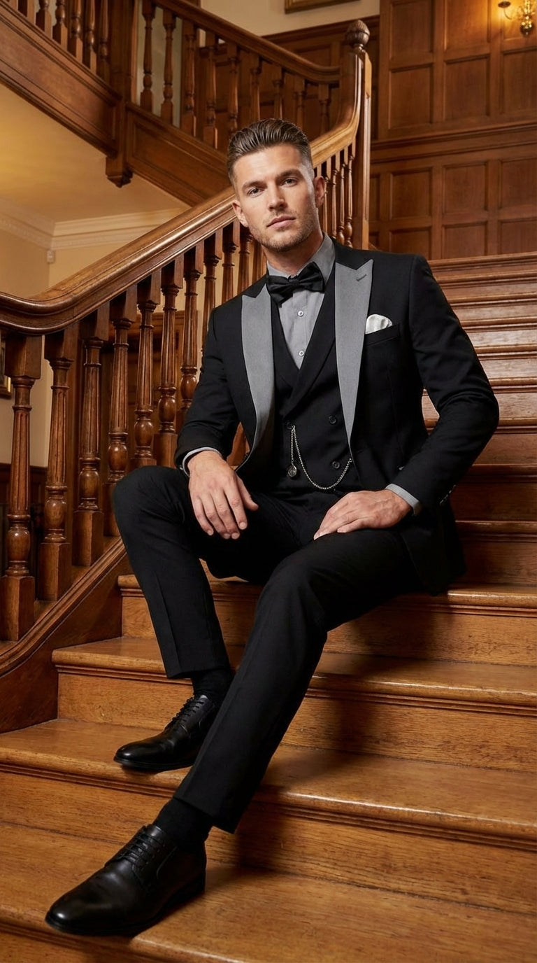 Men’s Black And White Lapel 3 Piece Tuxedo Suit with Silver Gray Satin Lapel | Formal Wedding Prom Suit Set