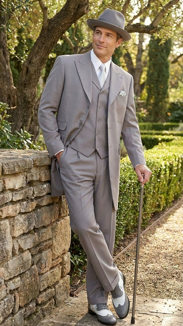 Men’s Gray Zoot Suit with Matching Hat and 1920s Shoes - Grey Vintage Wedding and Party Three Piece Suit by USA Men's Outlet