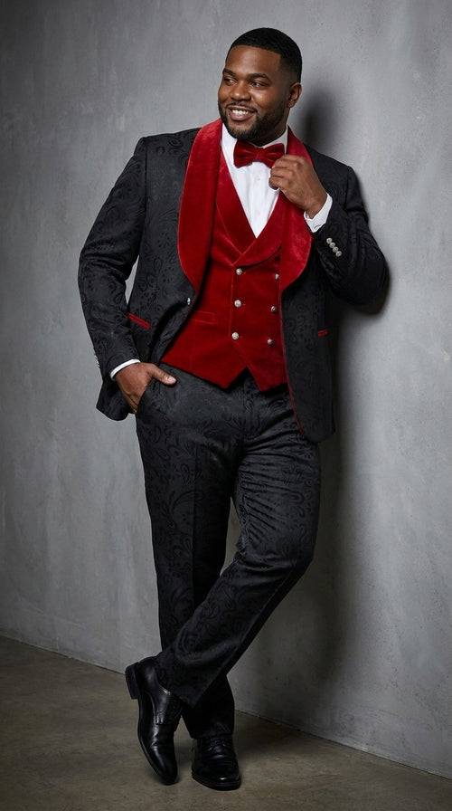 Men’s Black Paisley Tuxedo with Red Velvet Shawl Lapel – 3 Piece Wedding Prom Suit With Matching Bowtie