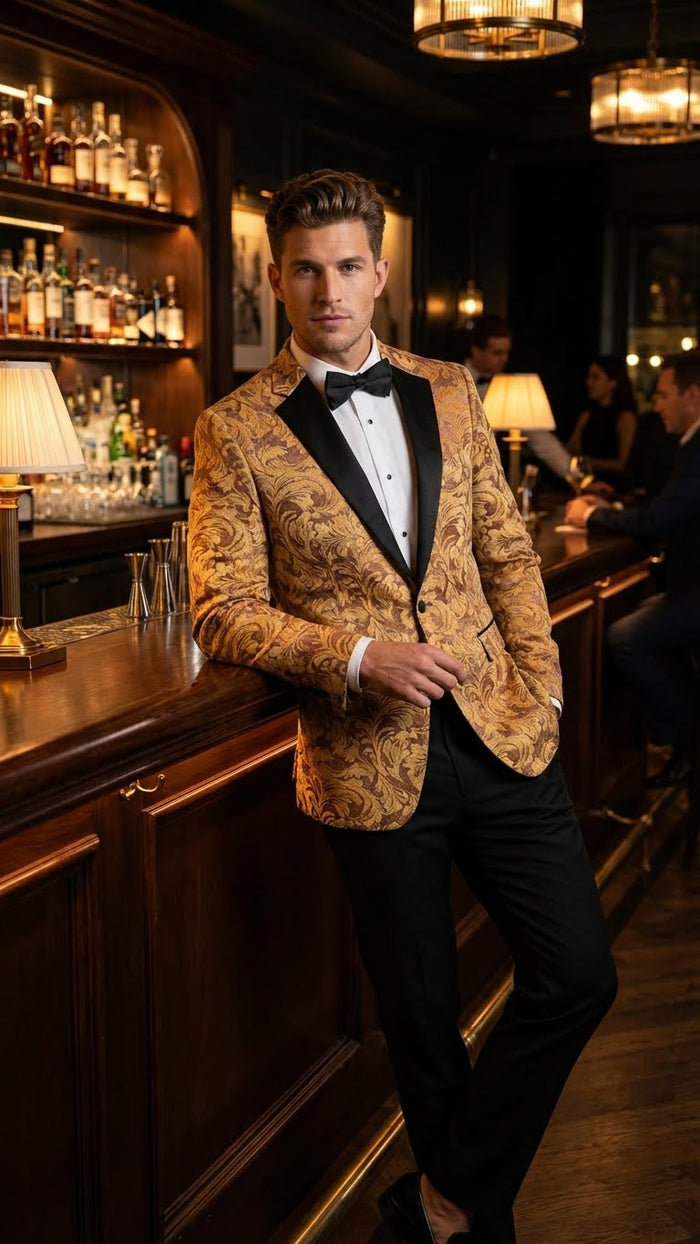 Men’s Yellow Gold Baroque Pattern Tuxedo Blazer Suit - Party and Wedding Jacket Prom Paisley Black Pants USA Men's Outlet