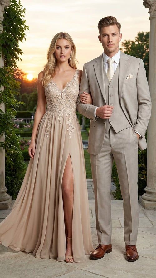 Men’s Light Tan Pinstripe 3 Piece Suit with Jacket, Vest, and Pants | Shadow Stripe Tone Tone Pleated Pants Classic