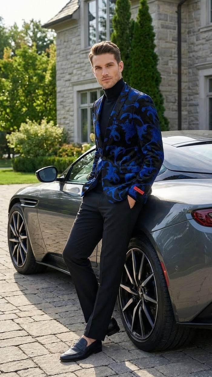 Men’s Black and Royal Blue Patterned Blazer - Paisley Floral Sport Coat Prom Jacket by USA Men's Outlet