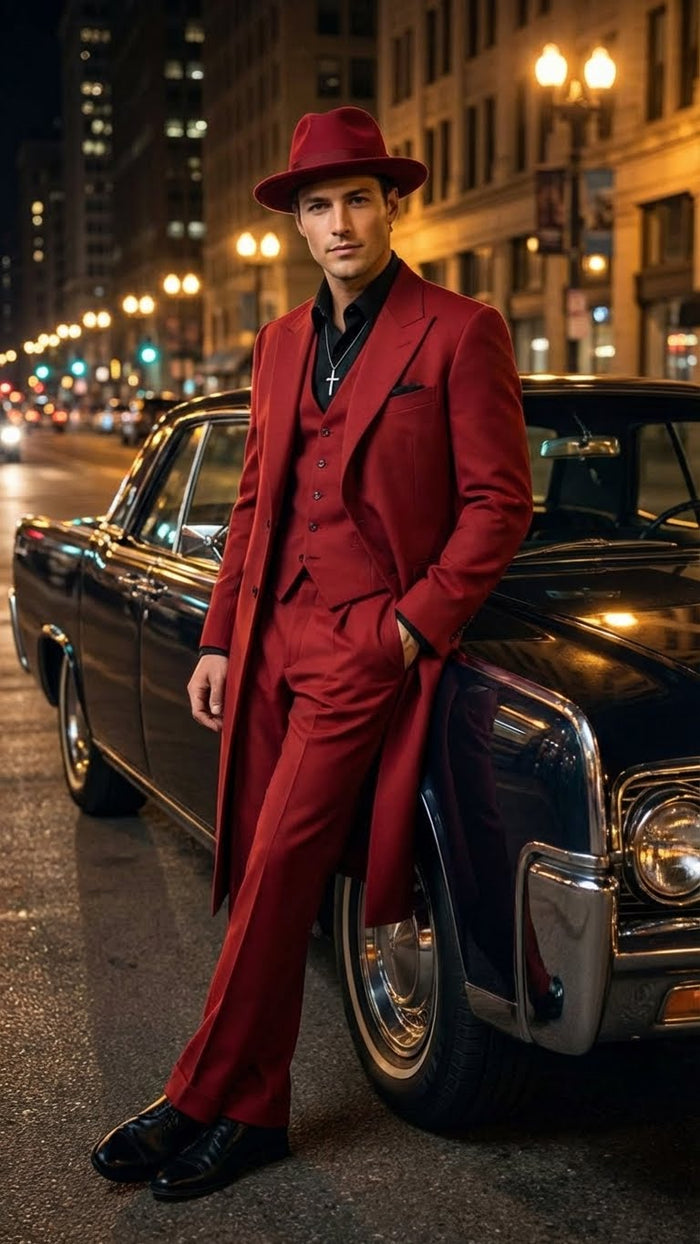 Men’s 1920s Red Zoot Suit - Long Mafia Gangster Three-Piece Vintage Outfit Zuit Pachuco Style by USA Men's Outlet