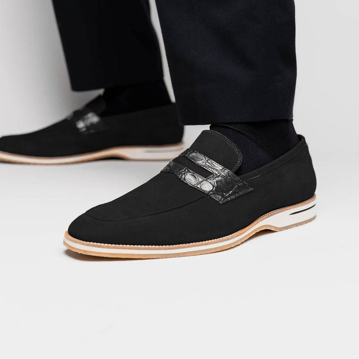 Zelli Meo 3 Suede and Crocodile Penny Loafers in Black