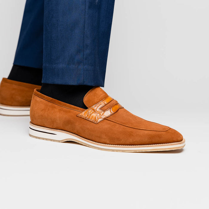 Zelli Meo 3 Contemporary Suede and Crocodile Penny Loafers in Cognac