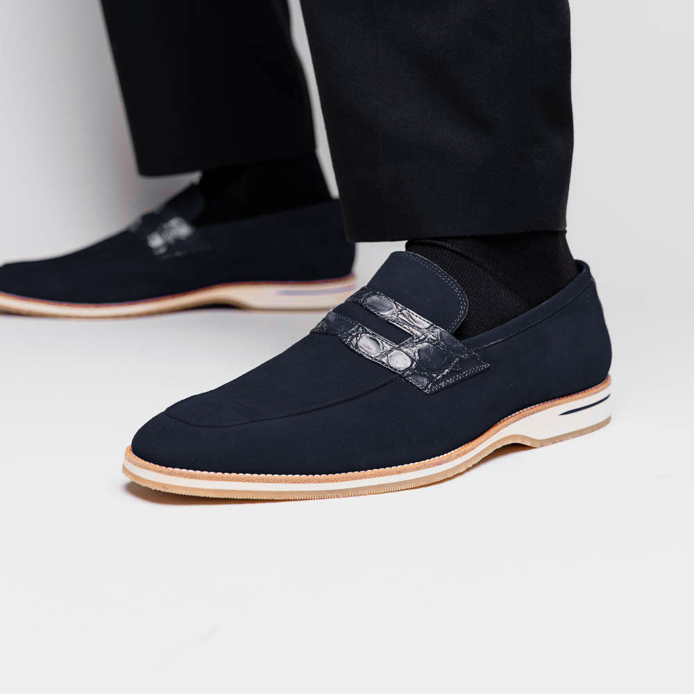 Zelli Meo 3 Suede Penny Loafers with Crocodile Accent in Navy