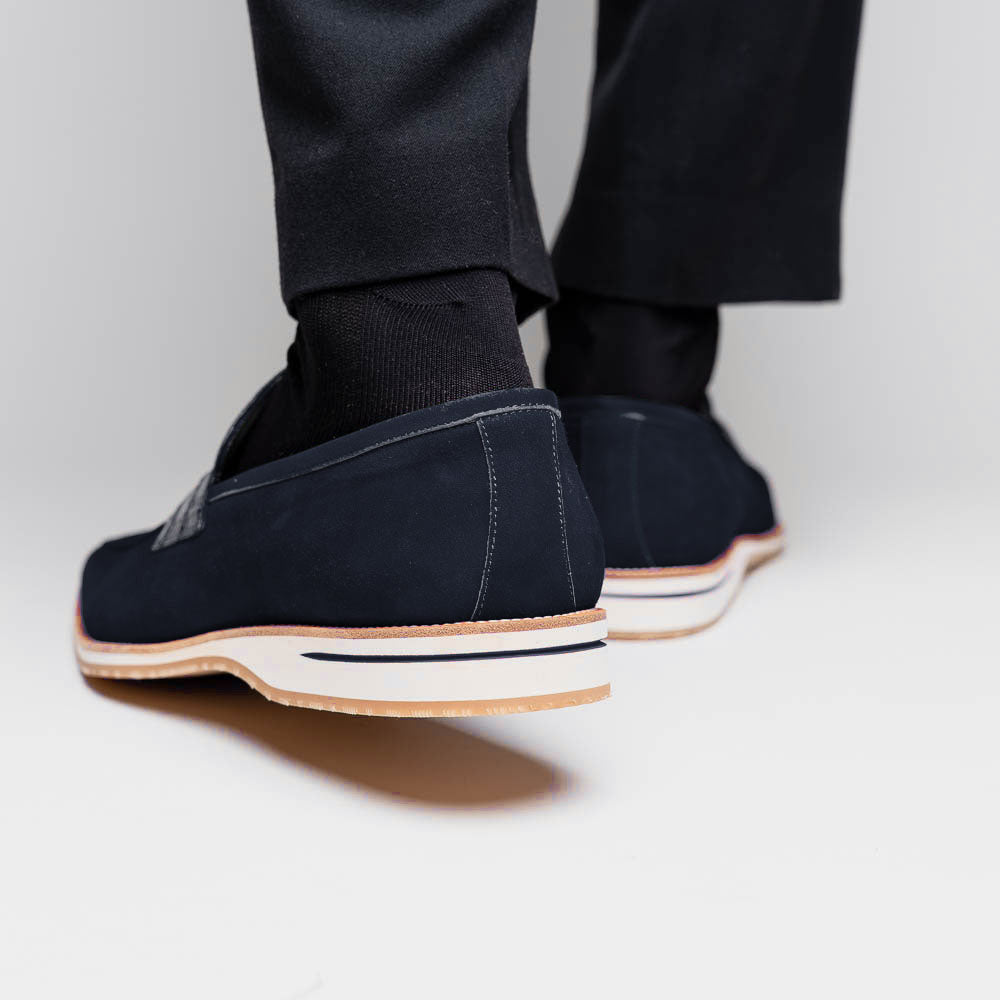 Zelli Meo 3 Suede Penny Loafers with Crocodile Accent in Navy