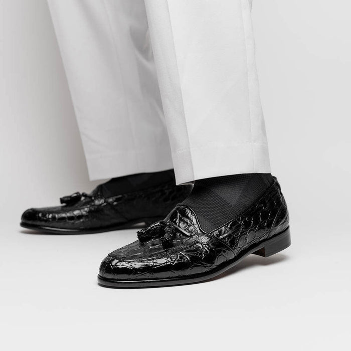 Zelli Franco Tassel Loafers in Genuine Caiman Crocodile - Black
