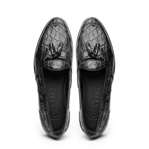 Zelli Franco Tassel Loafers in Genuine Caiman Crocodile - Black