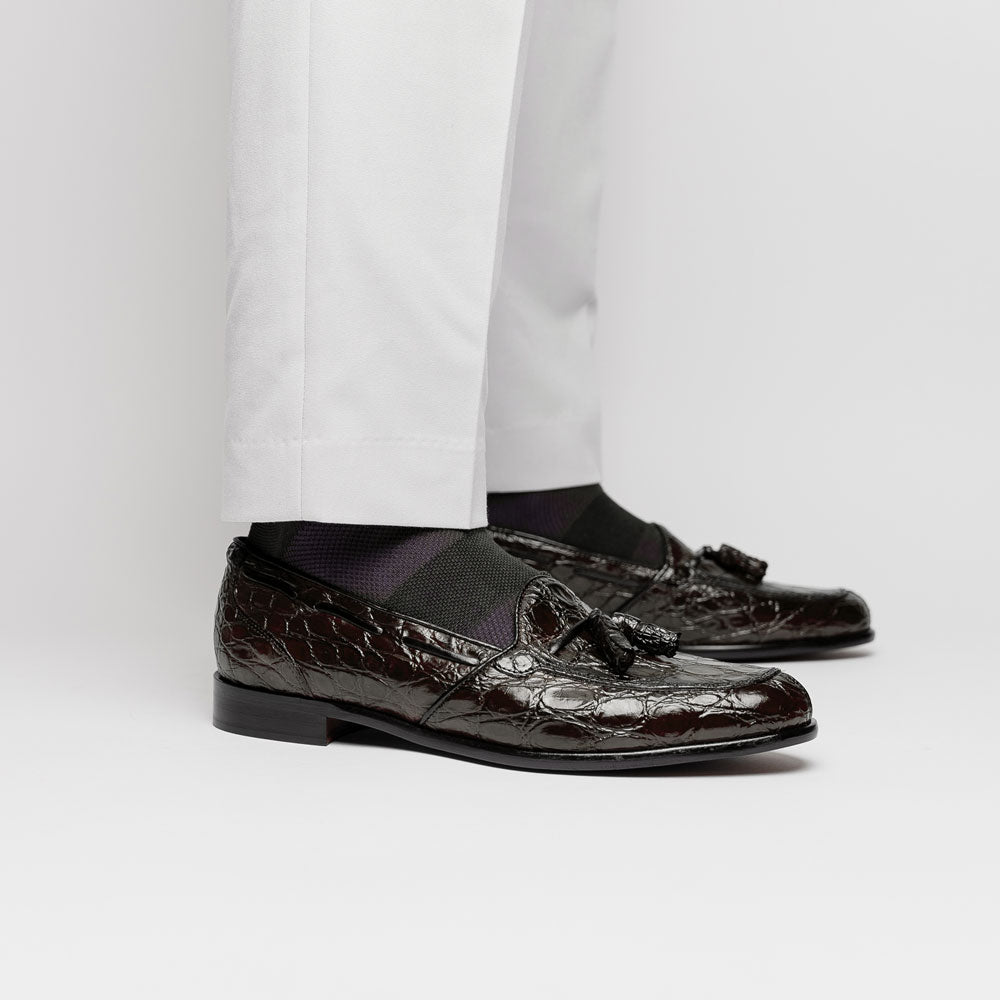 Zelli Franco Genuine Caiman Crocodile Tassel Loafers in Nicotine