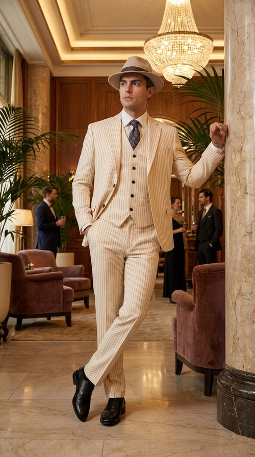 Men’s Ivory Cream Pinstripe Scarface Suit – Vintage Gangster Modern Fit 3-Piece Wedding Suit