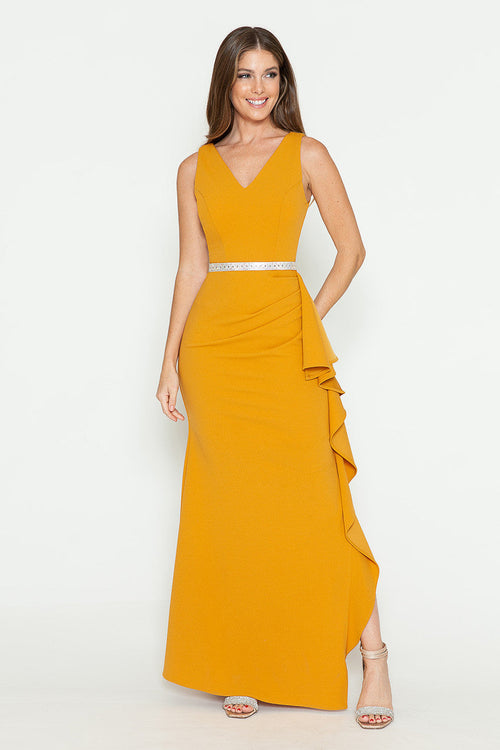 Lenovia 5287 Sleek V-Neck Crepe Dress with Side Slit and Embellished Belt
