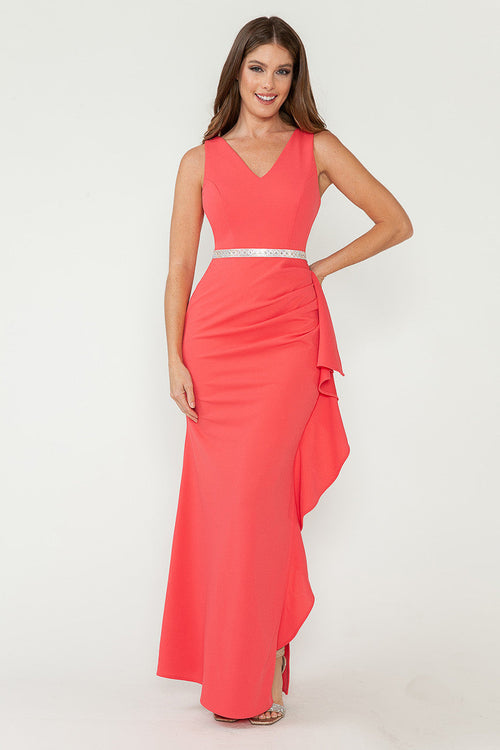 Lenovia 5287 Sleek V-Neck Crepe Dress with Side Slit and Embellished Belt
