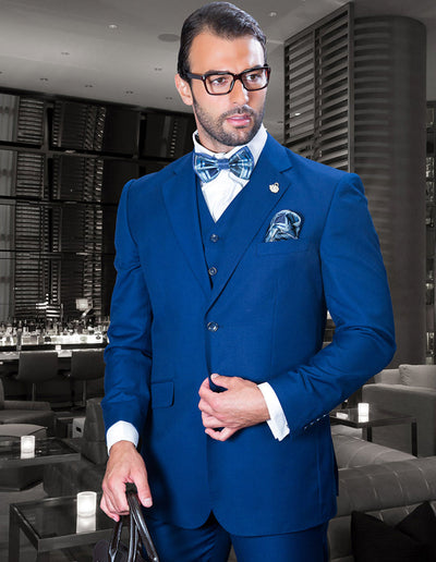Mens 2 Button Classic Fit Pleated Pant Suit in Big & Tall Sizes in Sapphire Blue by Statement