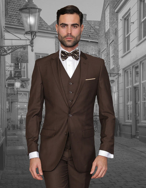 Mens 2 Button Skinny Vested Wool Suit in Brown by Statement