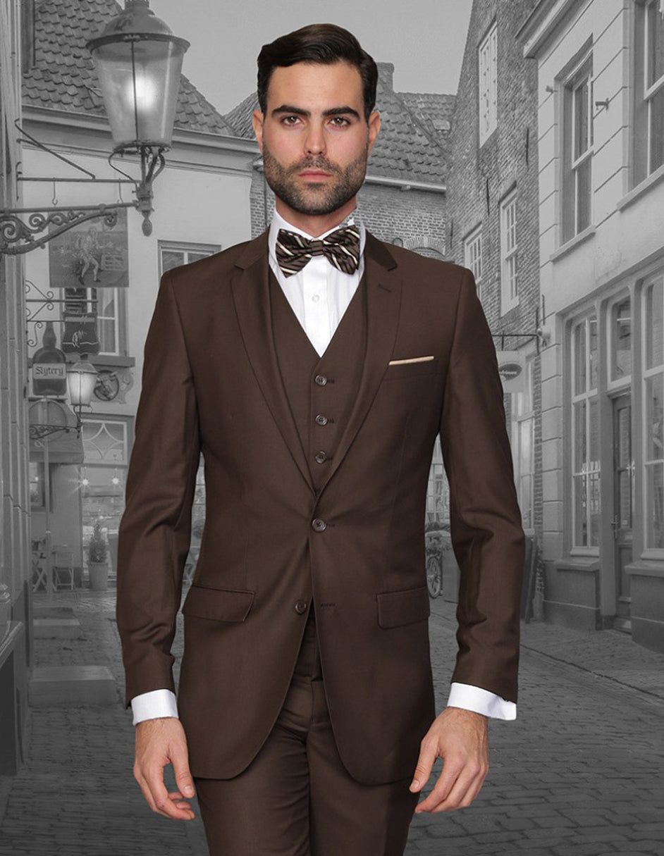 Mens 2 Button Skinny Vested Wool Suit in Brown by Statement