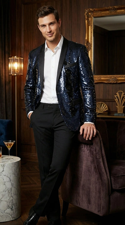 Men’s Navy Sequin Blazer – Navy Blue Sparkle Sequin Formal Blazer with Satin Lapel for Prom, Party and Evening Events