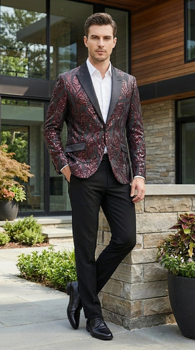 Men’s Black and Burgundy Sequin Blazer – Black Sparkle Sequin Party Blazer with Burgundy Pattern for Prom, Wedding Slim Fitted