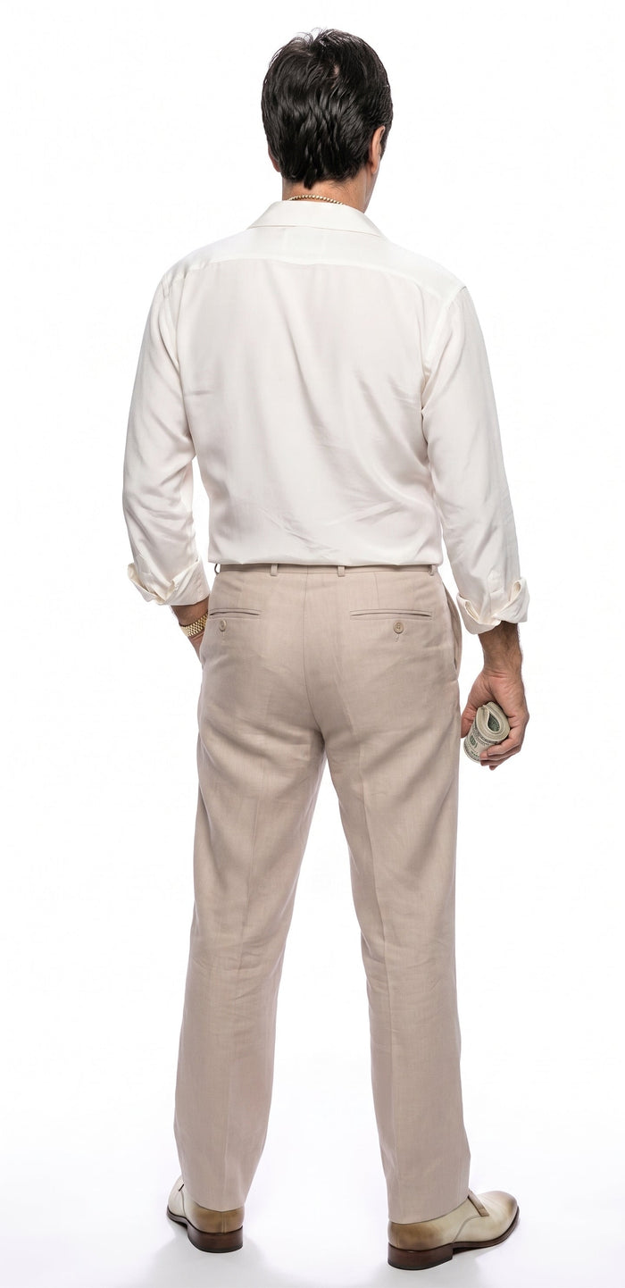 Men's Tony Montana’s White Linen Shirt And Tan Pants – Formal With Trousers Party, Wedding Vintage Style Outfit 15.5” Neck / 32-33” Sleeve White And