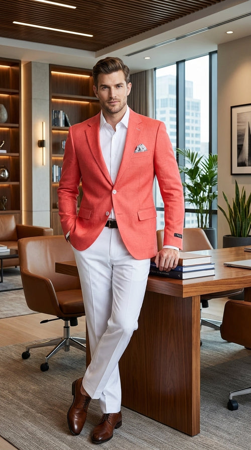 Mens Coral Linen Blazer Sport Coat – Lightweight Summer Linen Jacket for Wedding, Beach Events, Business Casual in Salmon Color