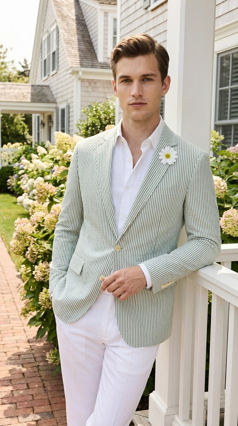 Mens Sage Green Seersucker Blazer – Lightweight Striped Summer Sport Coat Casual Smart Formal Jacket