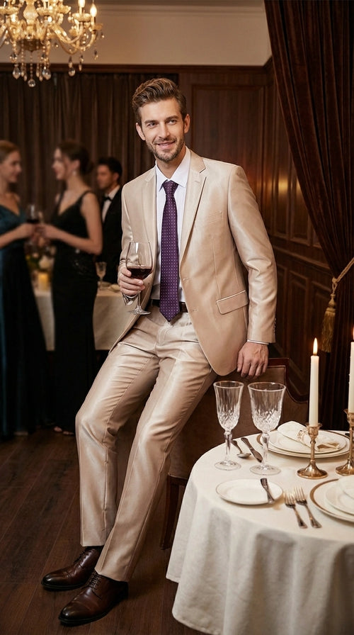 Men’s Champagne Tan Sharkskin 2 Button Suit – Shiny Formal Suit with Optional Vest for Wedding, Prom, Business Beige Color