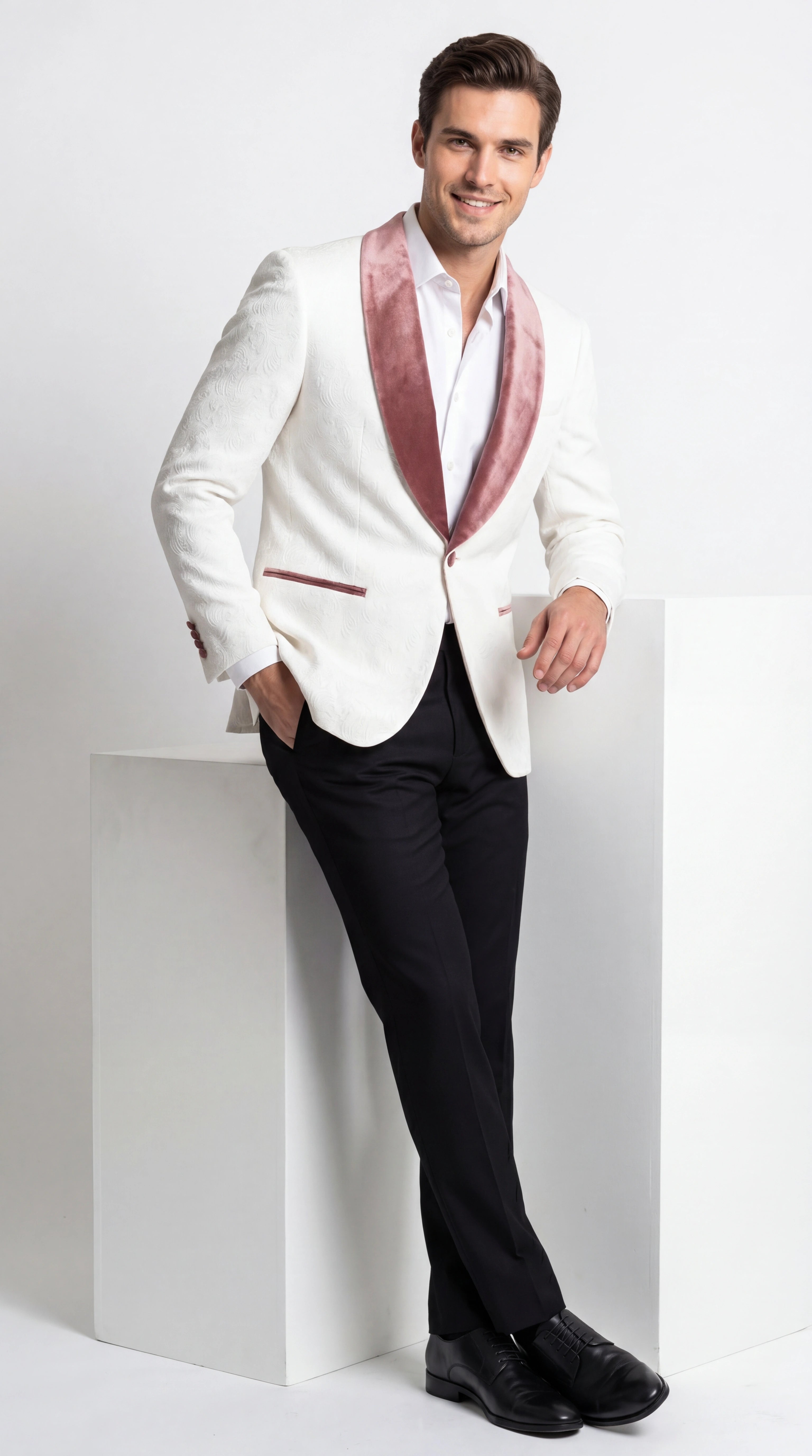 Men’s Ivory and Rose gold Floral Blazer – Elegant Shawl Lapel Formal Blazer Jacket for Wedding, Party, Prom
