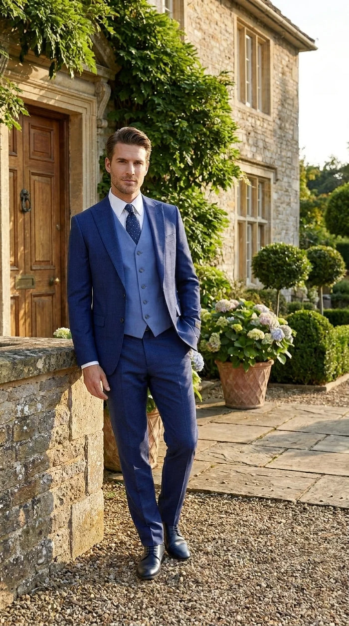 Vitali Men’s Navy Blue 3 Piece Suit with Light Blue Vest, Textured Formal Dress Suit for Weddings, Prom, Business Events, and Parties