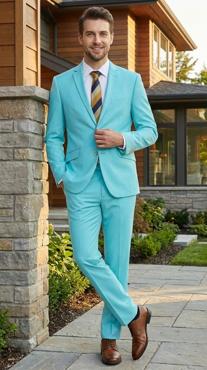 Men’s Aqua Blue 2 Piece 2 Button Suit, Formal Dress Suit for Weddings, Prom, Parties, Summer Events, Turquoise Light blue
