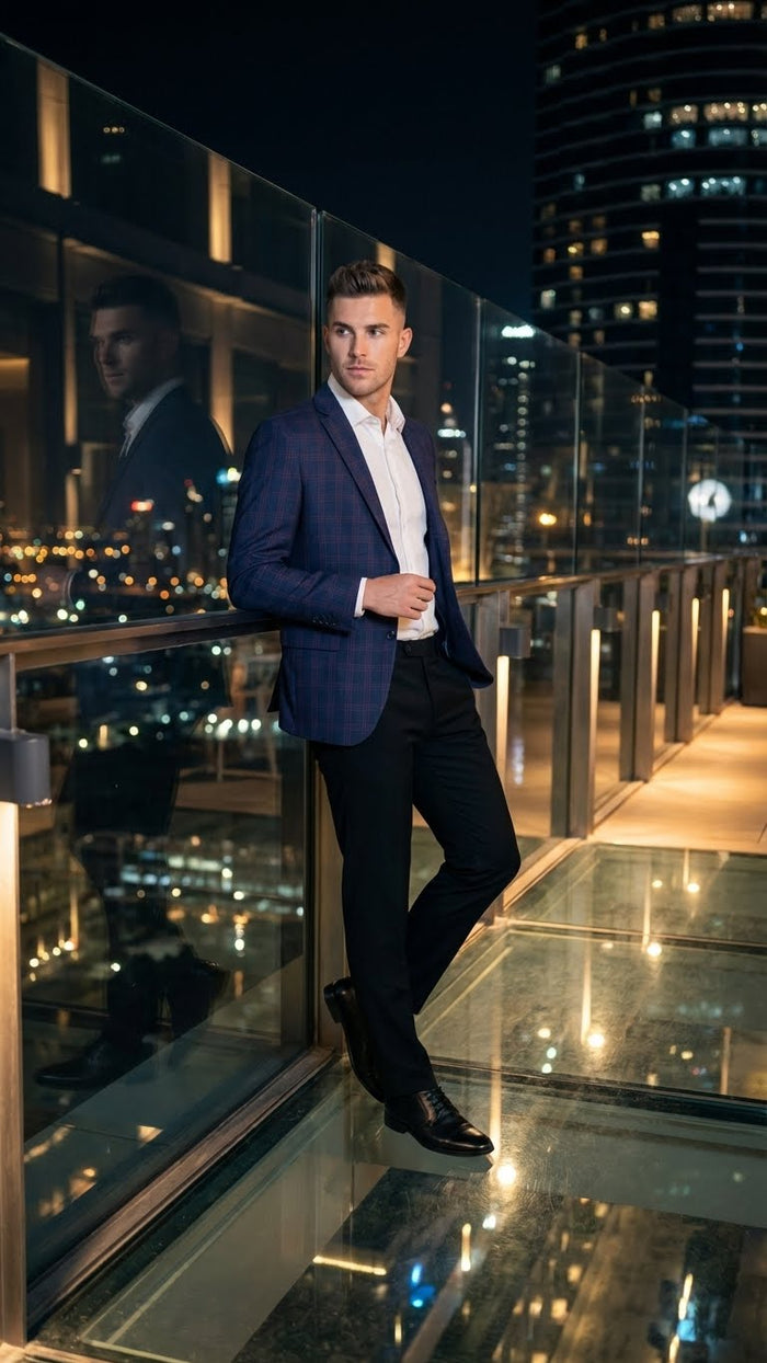 Men’s Big and Tall Navy Blue with Burgundy Plaid Jacket and Sport Coat - Wool Blazer by USA Men's Outlet