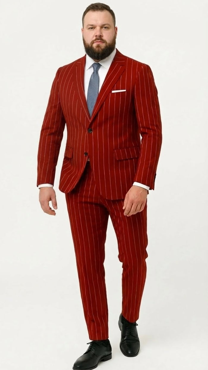 Men’s Red Pinstripe Suit - Stripe Two-Button Vested Suit 2 Buttons by USA Men's Outlet