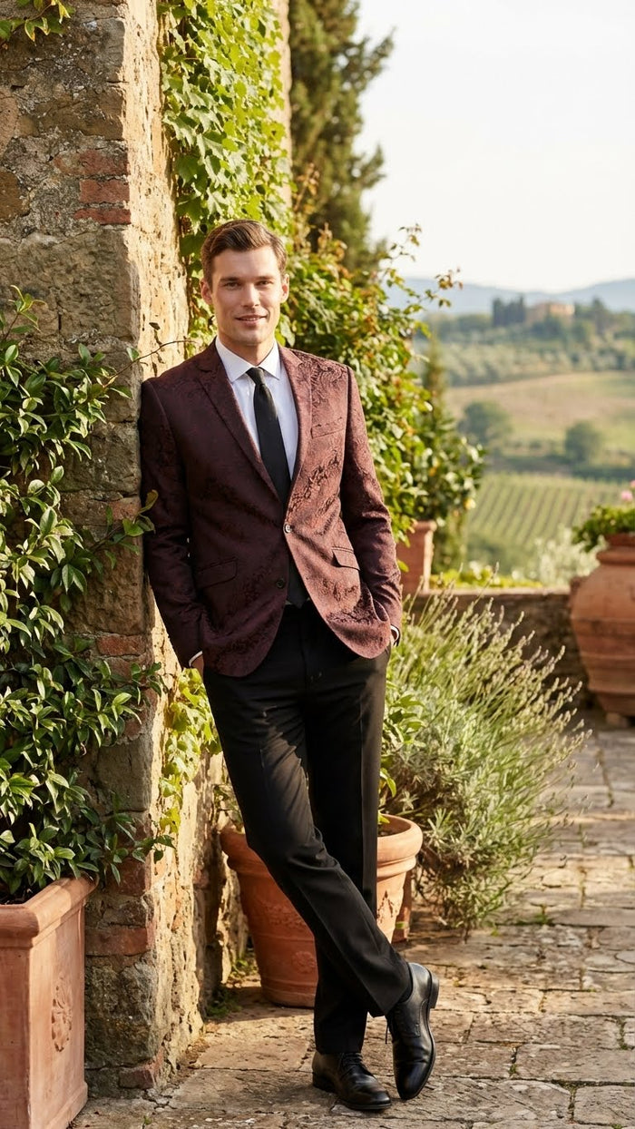 Men’s Burgundy Paisley Blazer Sport Coat - Velvet Dinner Jacket floral in Maroon Wine Color Ultra Slim Fit Smoking Jacket by USA Men's Outlet