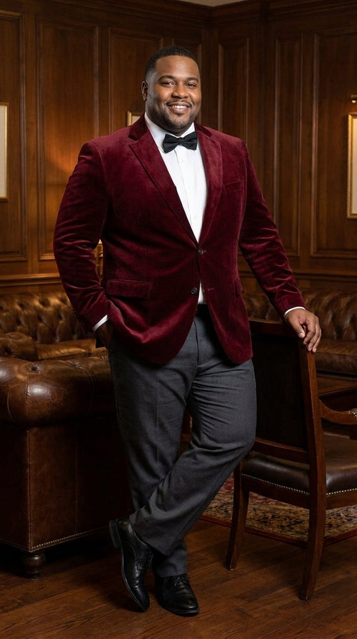 Men's Gomez Addams Inspired Costume, Burgundy Velvet Blazer With Black Pants Formal Party Outfit Combo 36 Short