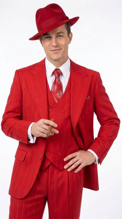 1920s Christmas Holiday Gangster Men’s Red Pinstripe 3-Piece Suit – Peak Lapel Classic Fit Pleated Pants