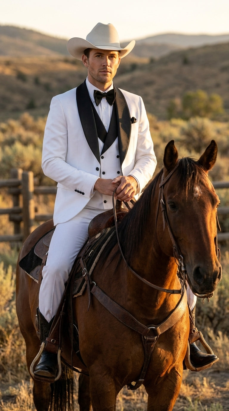 Men’s White and Black Western Wedding Tuxedo – Cowboy Style 3-Piece Traje para Boda with Double-Breasted Vest